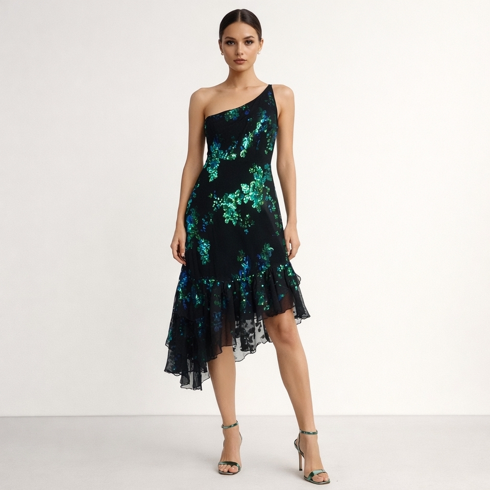 One Shoulder Sparkling Fairy Whimsical Sequin Embellished Asymmetrical Hem Sz Sm